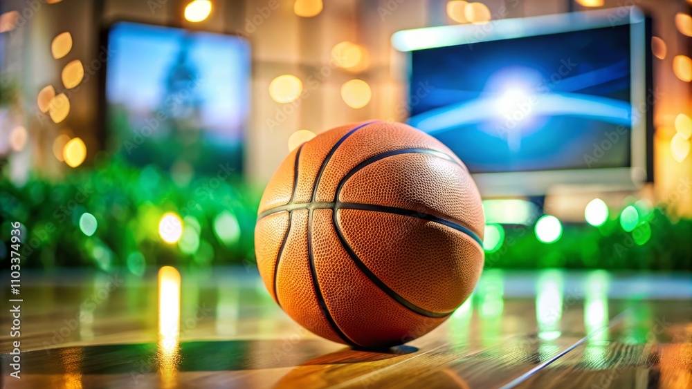 Basketball on the Field with TV in Background, Bokeh Effect for Dynamic Sports Imagery and Unique Visuals in Advertising and Media Use Basketball on the Field with TV in Background, Bokeh Effect for Dynamic Sports Imagery and Unique Visuals in Advertising and Media Use