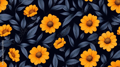 Lush Orange Flower Blooms on Dark Botanical Background with Elegant Floral Pattern