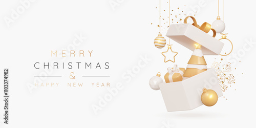 3D Christmas open gift box with tree, golden ornaments and confetti. Xmas composition poster with festive baubles and hang balls. Celebration poster or getting New Year card. 3D Vector illustration