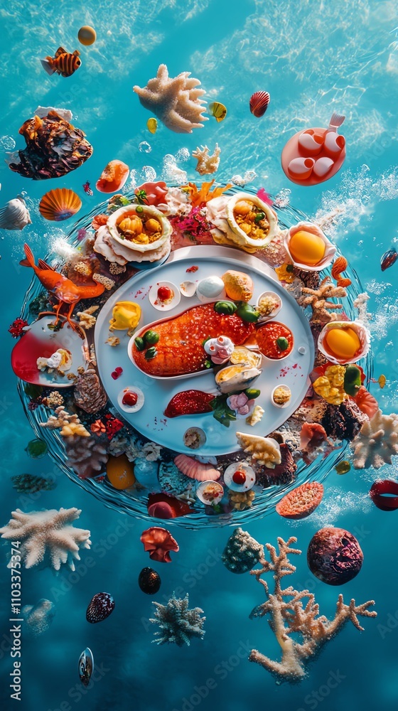 Fototapeta premium Surreal underwater culinary masterpiece, vibrant colors, floating dishes, whimsical sea life, drone perspective, dreamlike atmosphere