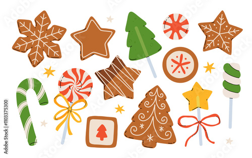 Colorful Christmas sweets set - hard candy, gingerbread cookies, candy canes, lollipop. Flat cartoon vector illustration.