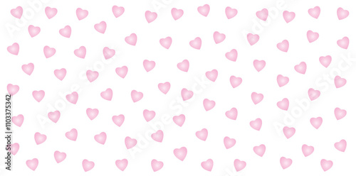 Seamless pattern of pink glossy hearts on a white background. Romantic and cute design for Valentine's Day and love-themed projects.