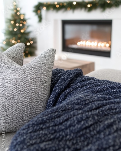 cozy living room with a fireplace and decorations for Hanukkah, the Festival of Lights. photo