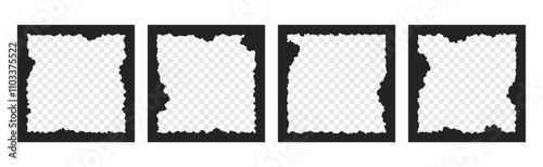 Vector set of black square shape frames with jagged edges. Ragged text box with empty transparent space inside. Torn rough photo borders, tattered mirrors, photography frameworks with tear sheets