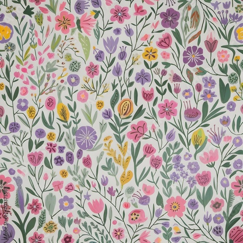 Wallpaper Mural Vibrant and colorful floral pattern spread across a white background. garden in full bloom. Torontodigital.ca