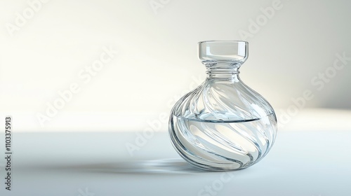 Sleek glass perfume bottle showcases a contemporary look with swirling patterns, perfectly illuminated against a soft, neutral background