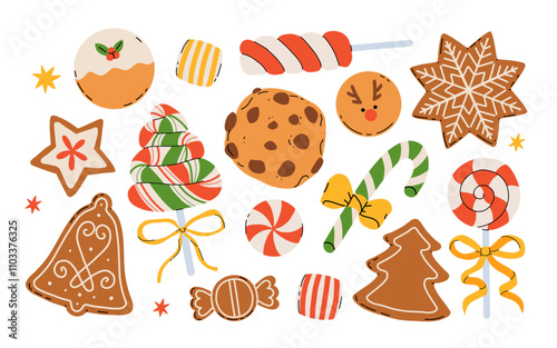 Colorful Christmas sweets set - hard candy, gingerbread cookies, candy canes, lollipop. Flat cartoon vector illustration.