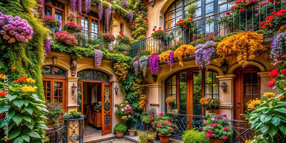 A Stunning Architectural Photography Piece Showcasing a Vibrant Composition of Flowers and Botanical Elements in Art Nouveau Style with Flowing Lines and Intricate Details A Stunning Architectural Photography Piece Showcasing a Vibrant Composition of Flowers and Botanical Elements in Art Nouveau Style with Flowing Lines and Intricate Details