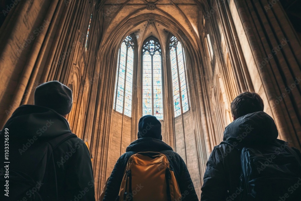 Naklejka premium Three individuals admire the majestic architecture of a grand cathedral. The light filters through stained glass. It creates an awe inspiring atmosphere. Generative AI