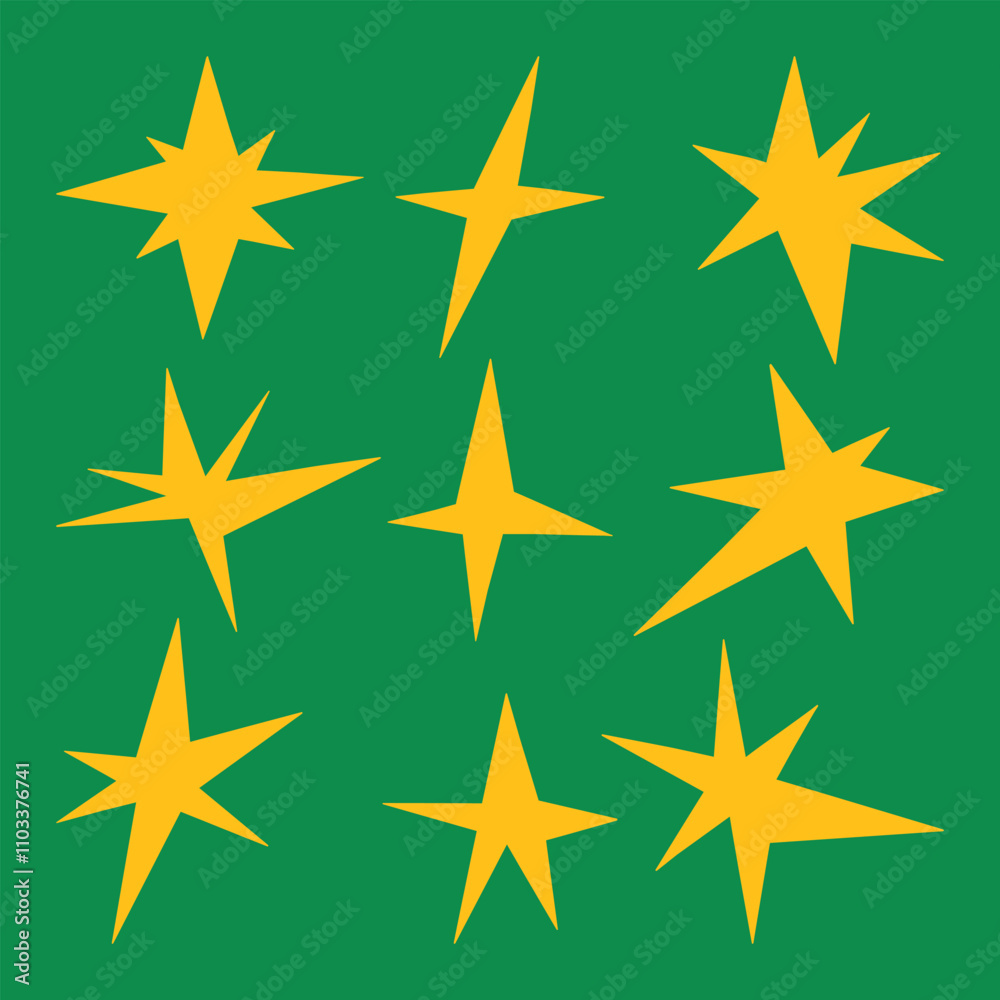 Fototapeta premium Abstract sharp star shapes illustration. A bundle of nine uniquely designed sharp-edged star elements, perfect for use in patterns, decorations, digital art, and creative graphic design projects