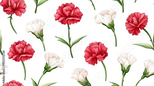 Beautiful Red and White Carnation Flowers with Green Leaves in Floral Pattern Background