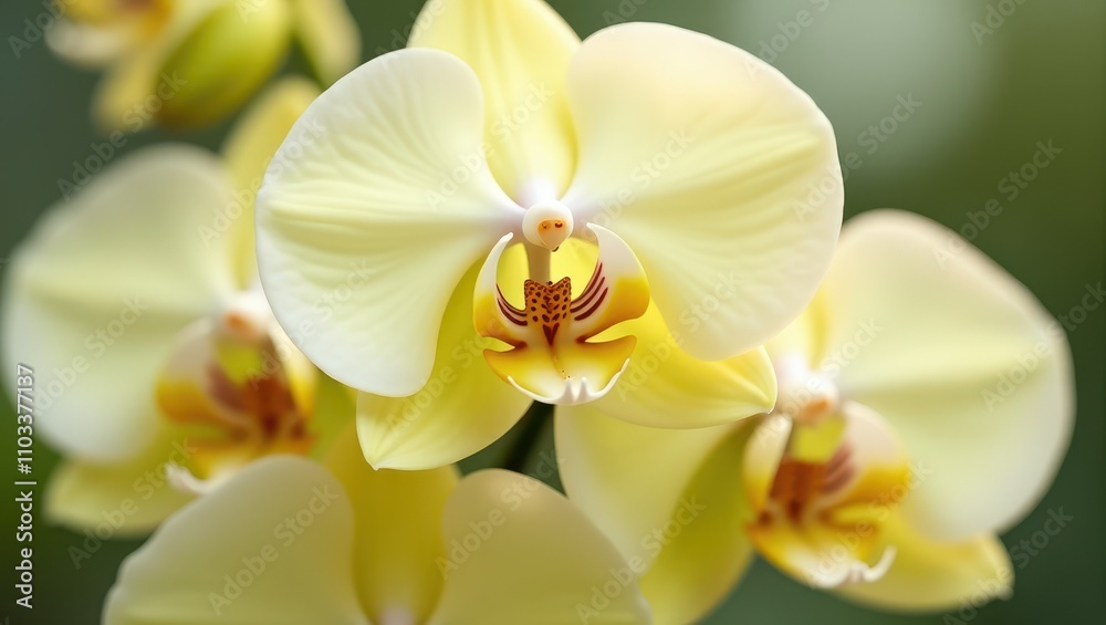 Close-up of a delicate yellow orchid flower in full bloom, showcasing intricate petals and a vibrant center against a soft green background Close-up of a delicate yellow orchid flower in full bloom, showcasing intricate petals and a vibrant center against a soft green background