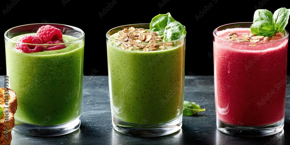 Getting the kids ready for school concept, Three vibrant smoothies in clear glasses, showcasing green, pink, and berry colors, garnished with fruits and herbs, set against a dark background. Getting the kids ready for school concept, Three vibrant smoothies in clear glasses, showcasing green, pink, and berry colors, garnished with fruits and herbs, set against a dark background.