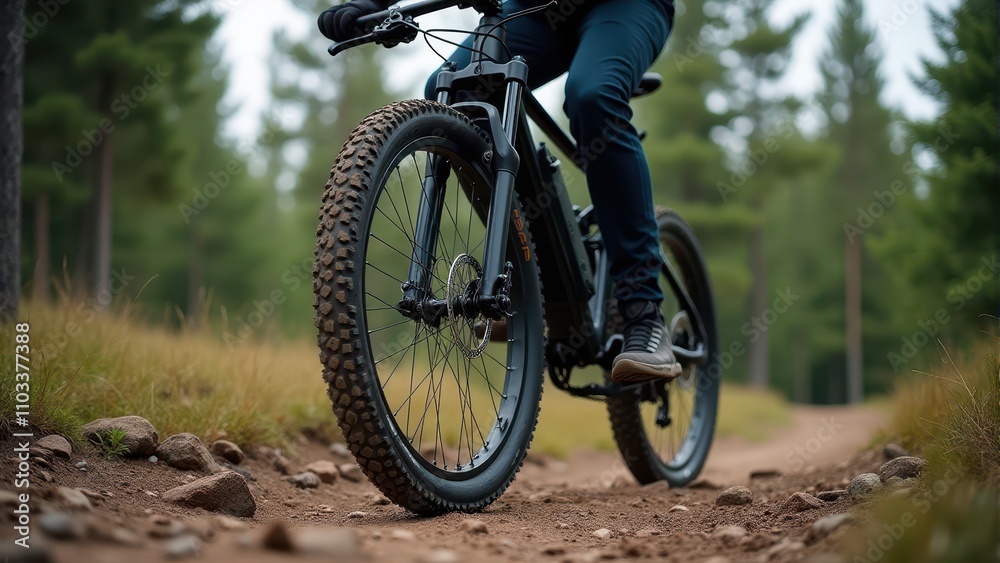 Close-up shot of a cyclist riding an electric mountain bike on a rocky forest trail, showcasing the bike's robust design and textured tires