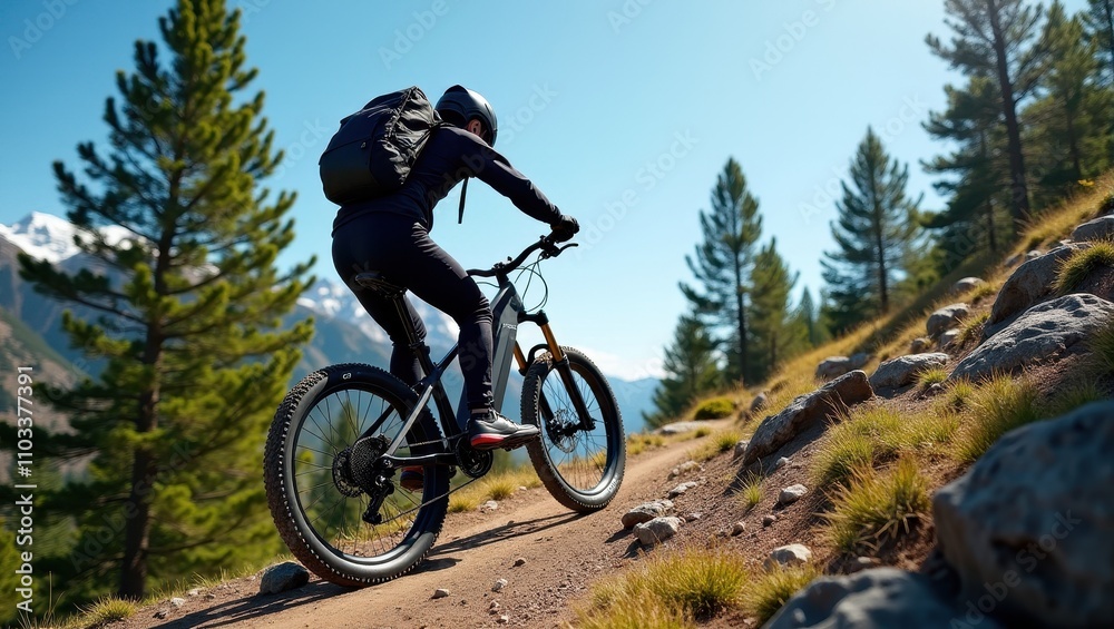 Mountain biker riding uphill on a rugged trail surrounded by lush pines and distant snow-capped peaks under a clear blue sky Mountain biker riding uphill on a rugged trail surrounded by lush pines and distant snow-capped peaks under a clear blue sky