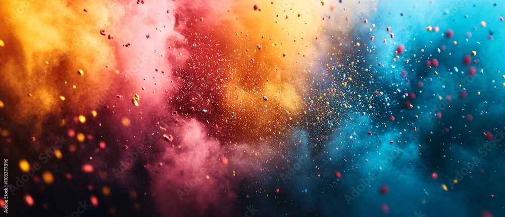 Obraz premium Colorful pigments burst into a cloud of vivid hues, blending shades of orange, pink, and blue in an artistic explosion during a creative event