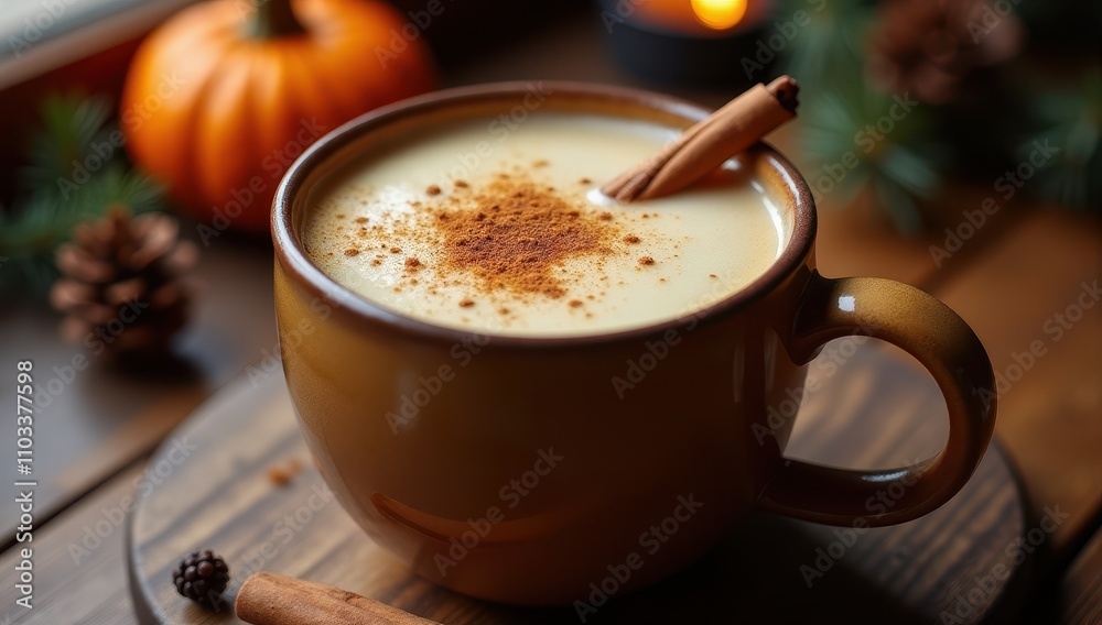 A cozy autumn scene with a spiced latte in a brown mug, garnished with cinnamon, set against a background featuring a pumpkin and pinecones A cozy autumn scene with a spiced latte in a brown mug, garnished with cinnamon, set against a background featuring a pumpkin and pinecones