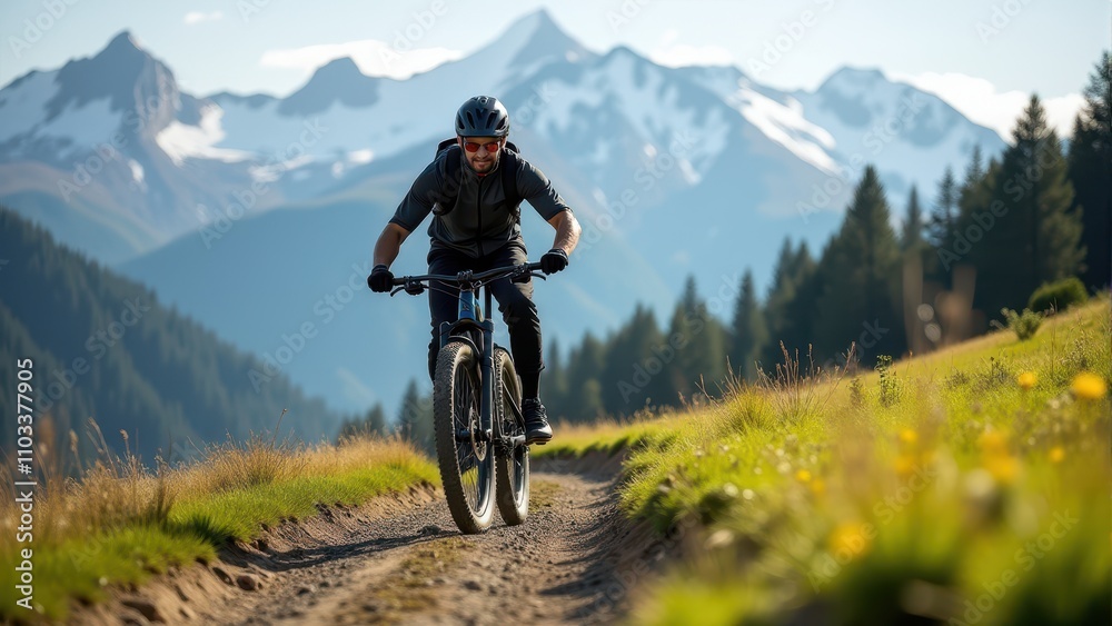 A cyclist enjoys mountain biking on a scenic trail with snow-capped peaks in the background and lush greenery surrounding the path