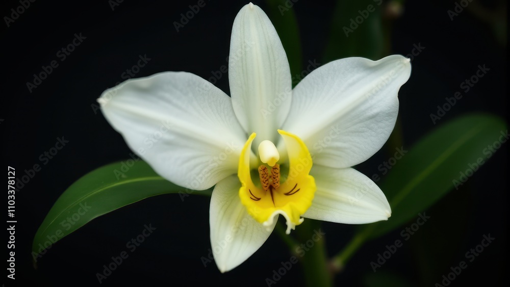 Close-up of a vibrant white orchid with a striking yellow center, set against a deep black background, highlighting the delicate petal structure