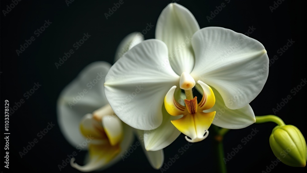 Close-up of elegant white orchids with yellow accents on a dark background, showcasing their delicate petals and natural beauty Close-up of elegant white orchids with yellow accents on a dark background, showcasing their delicate petals and natural beauty