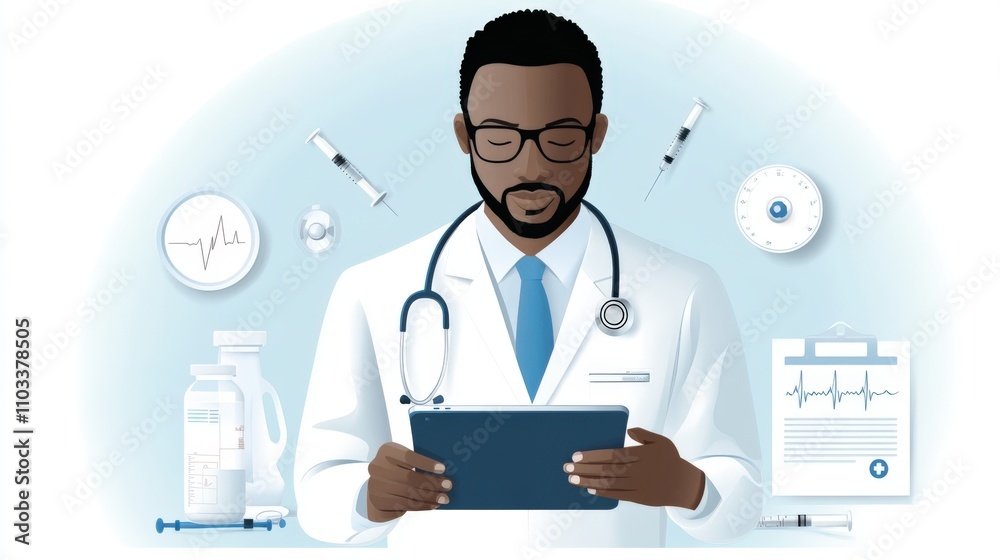 Focused Black Male Doctor Analyzing Patient Data on Digital Tablet in Medical Setting Focused Black Male Doctor Analyzing Patient Data on Digital Tablet in Medical Setting