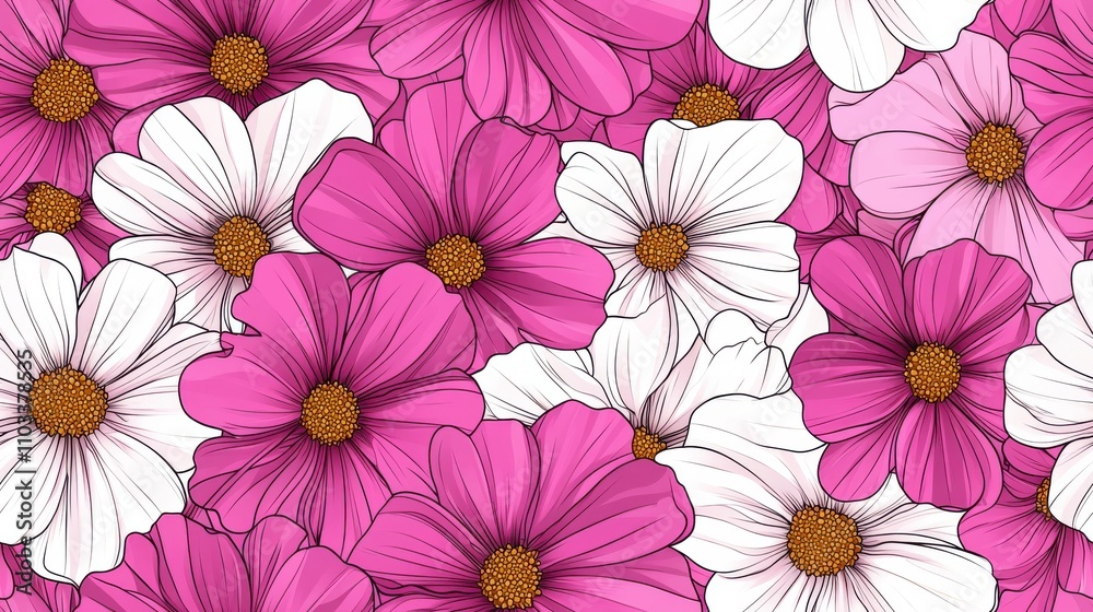 Fototapeta premium Colorful Pink and White Daisies Floral Background with Repeating Pattern
