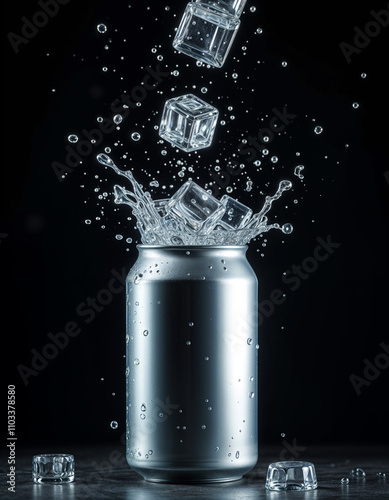 Empty plain silver tin can mockup isolated on black 
