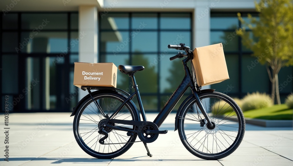 A sleek black bicycle equipped with delivery boxes, parked outside a modern office building, symbolizing eco-friendly urban delivery A sleek black bicycle equipped with delivery boxes, parked outside a modern office building, symbolizing eco-friendly urban delivery