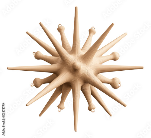 Wooden spiky star-shaped ornament with gold loops on spikes photo