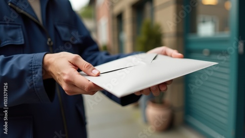Person delivering an envelope outside a house, symbolizing communication and mailing services