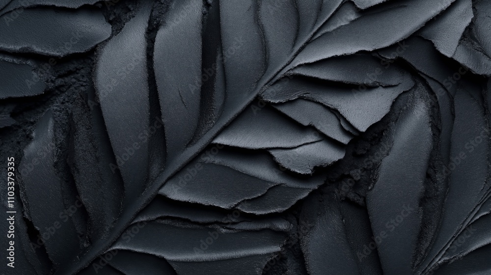 Obraz premium Abstract close-up of black textured surface with layered and curved patterns resembling rough fabric or geological formations.