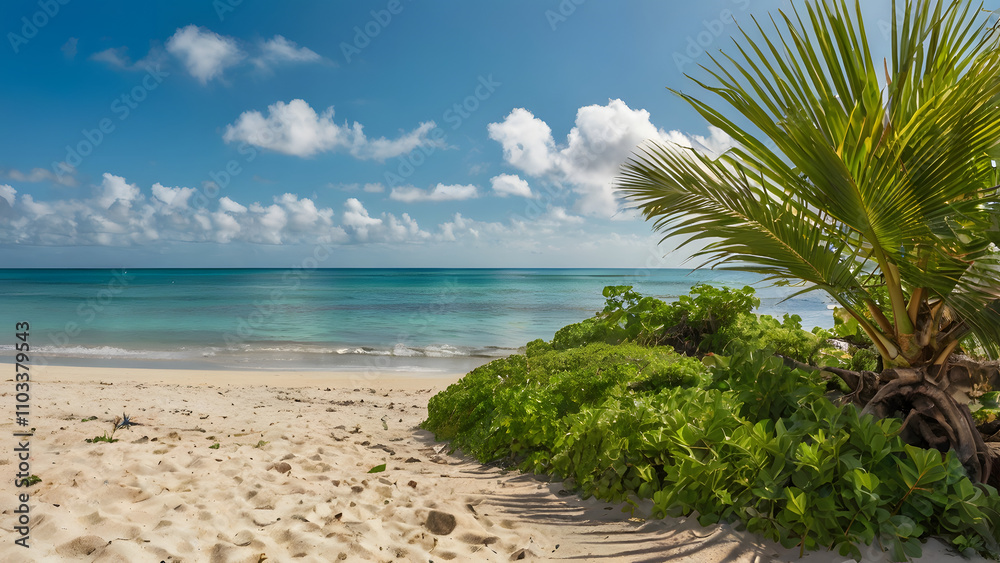 A beautiful beach with a palm tree in the background. The water is calm and the rocks are scattered around the shore A beautiful beach with a palm tree in the background. The water is calm and the rocks are scattered around the shore