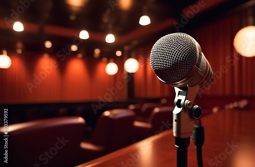 Microphone for singing in a cabaret or karaoke room. Dark club or bar hall, accent on the microphone on stage for artists and performers