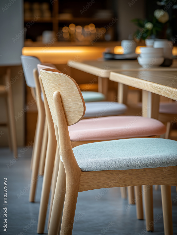 Wooden chairs with pastel seats in a modern dining area.
