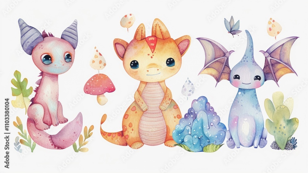 Naklejka premium Cute fantasy creature stickers in watercolor sparkling enchantment