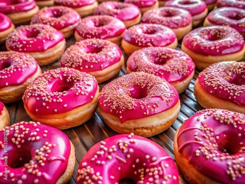 A Surreal Display of Mouthwatering Pink Iced Donuts on a Store Counter, Capturing the Essence of Traditional Sweets in a Close-Up Perspective