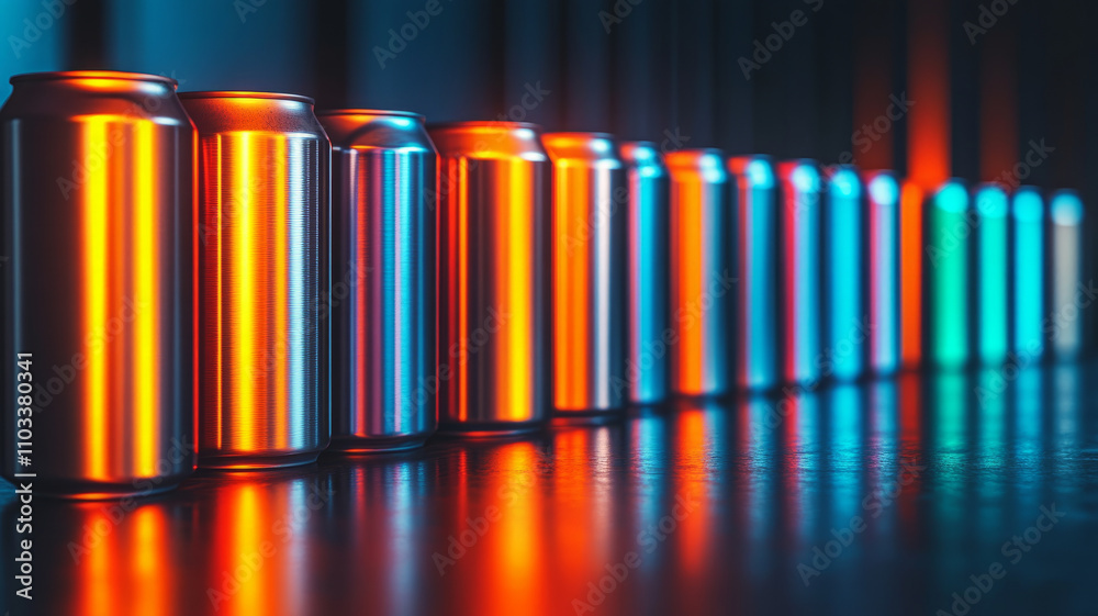 Colorful row of glowing beverage cans on a surface. Colorful row of glowing beverage cans on a surface.
