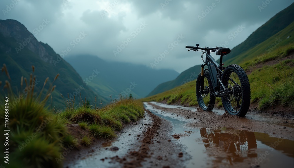 Electric bike on a muddy mountain path, surrounded by lush greenery and misty mountains, under a dramatic cloudy sky Electric bike on a muddy mountain path, surrounded by lush greenery and misty mountains, under a dramatic cloudy sky