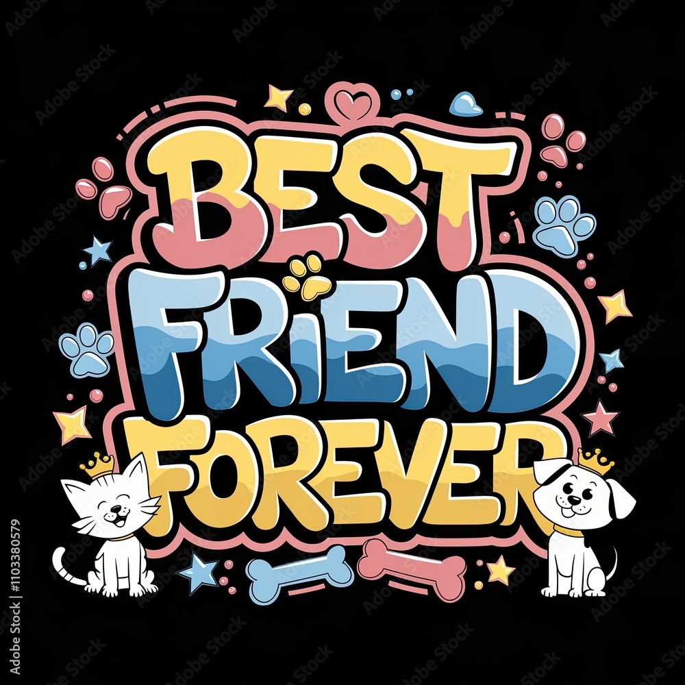 Fototapeta premium Best Friend Forever Graphic with Cute Dog and Cat Illustrations and Playful Design