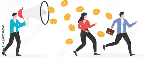 Businessman holding a megaphone and shouting for money
