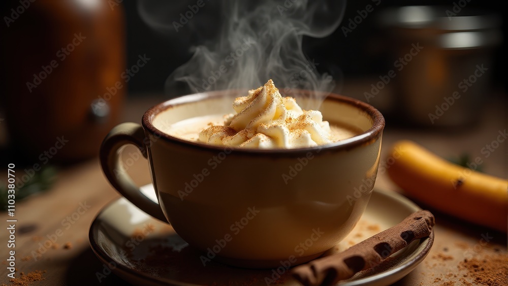 A steaming cup of creamy hot chocolate adorned with whipped cream and cinnamon, alongside a rustic biscuit on a wooden table A steaming cup of creamy hot chocolate adorned with whipped cream and cinnamon, alongside a rustic biscuit on a wooden table