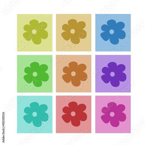 Colorful flower pattern with nine squares, each featuring a different colored flower on a contrasting background. Perfect for vibrant and playful designs.