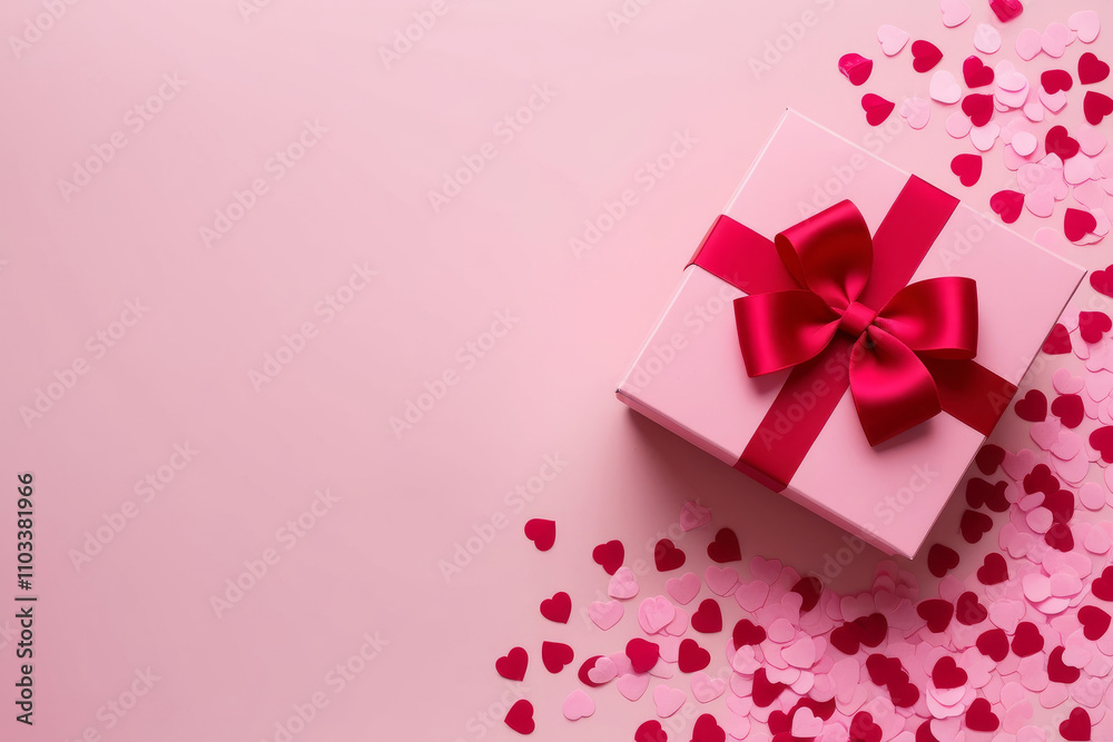 Beautiful gift box with red bow isolated on pink background with heart-shaped confetti. AI generated