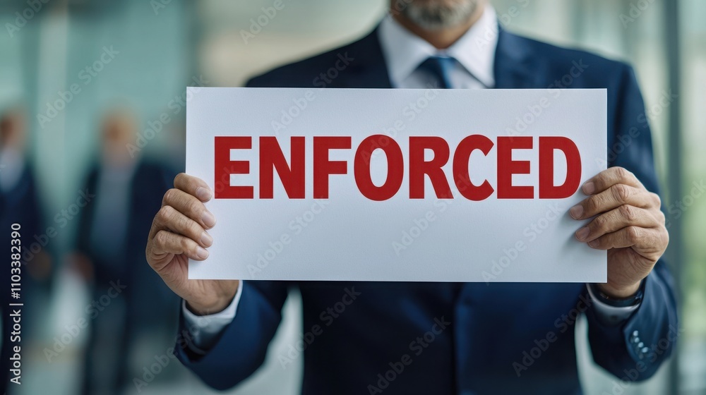 A man in a suit holds a sign reading A man in a suit holds a sign reading