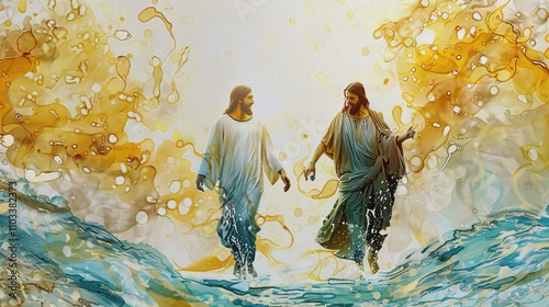 Jesus and Peter walking on water faith amidst gold watercolor waves