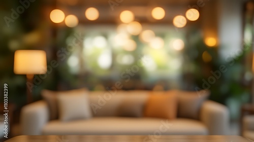 Blurred Living Room with Sofa, Pillows, and Warm Lighting, Cozy Home Interior Background