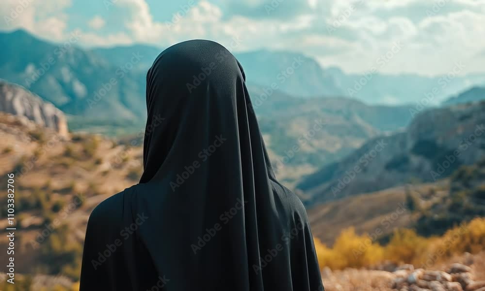 Woman in a hijab gazing at a scenic mountain landscape. Woman in a hijab gazing at a scenic mountain landscape.