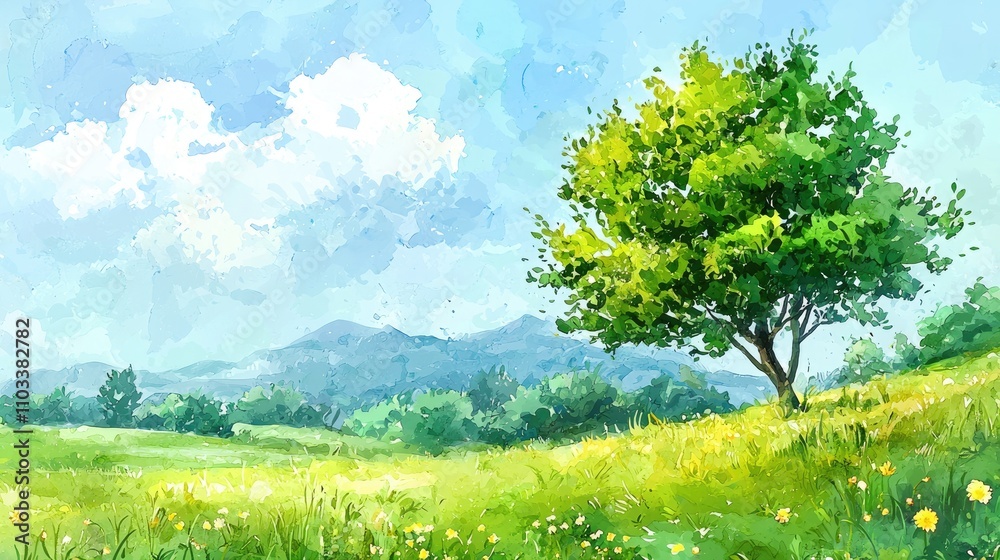 Obraz premium Watercolor Painting of a Solitary Tree in a Green Meadow with Mountains in the Background