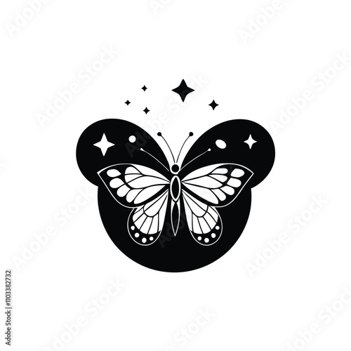 a black and white illustration of a butterfly and a crescent moon