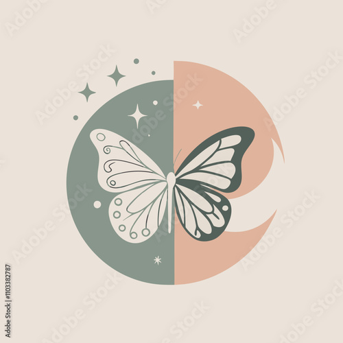 a black and white illustration of a butterfly and a crescent moon